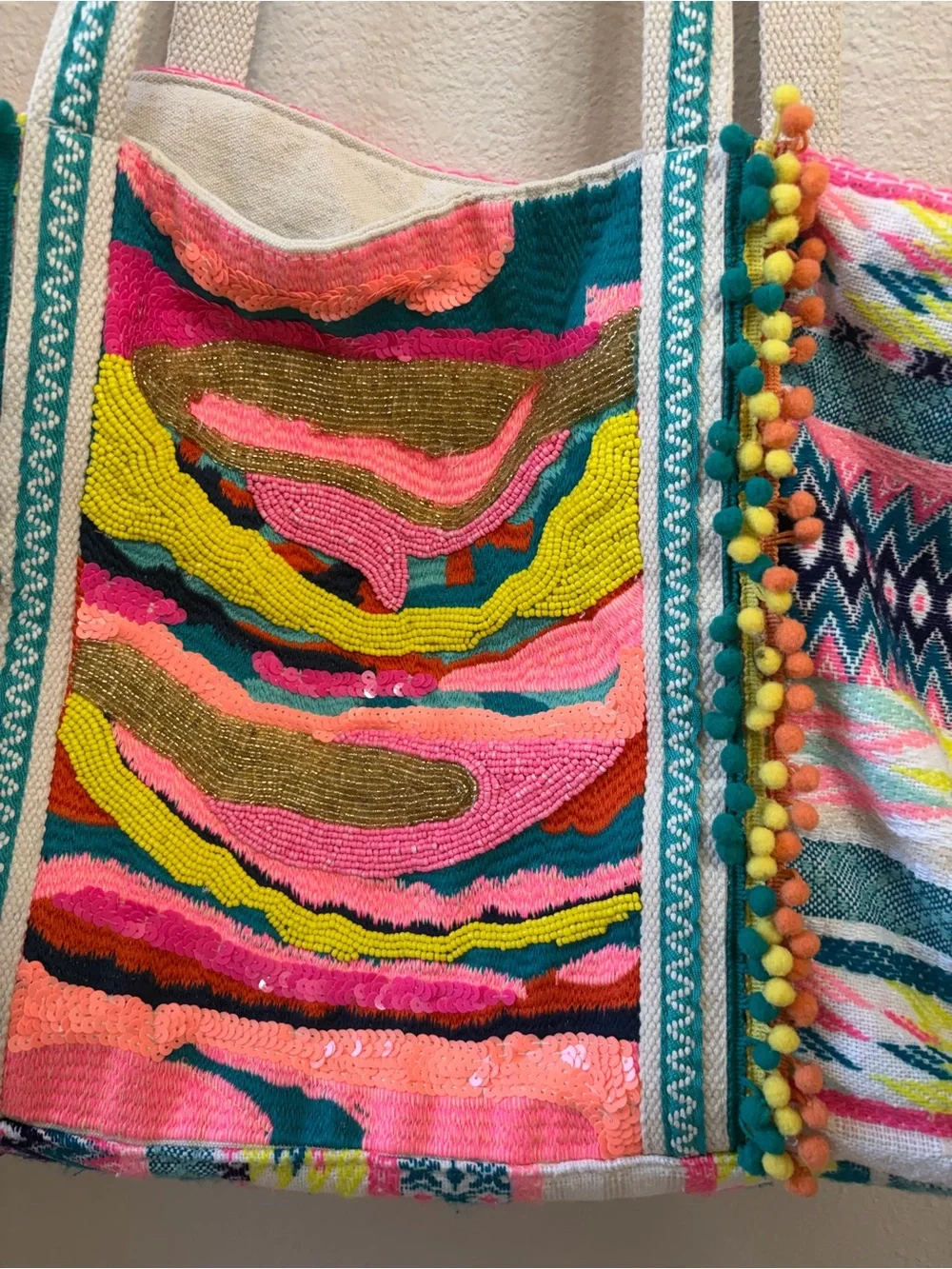 Colorful Boho Pom-Pom Beach Tote - Multicolor